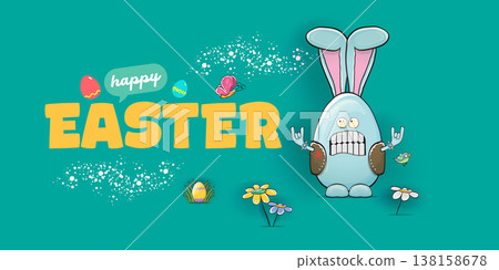 Happy Easter horizontal banner. Funny cartoon rock and roll bunny egg character with metal horns hand sign on turquoise background. Creative spring Easter holiday vector illustration 138158678