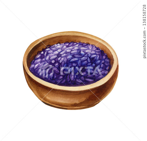 Lavender buds in wooden bowl watercolor clipart isolated on light background with purple aromatic herbal petals Lavender buds in wooden bowl watercolor clipart isolated on light background with purple aromatic herbal petals 138158728
