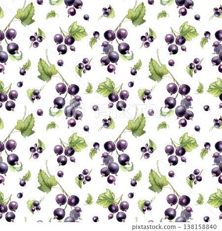 Black currant watercolor seamless pattern isolated on white. Hand drawn berry fruits design for fabric, textile, wallpaper, printing. Botanical ripe background for healthy food or nature concept. Black currant watercolor seamless pattern isolated on white. Hand drawn berry fruits design for fabric, textile, wallpaper, printing. Botanical ripe background for healthy food or nature concept. 138158840