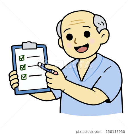 Elderly man holding checklist, smiling, wearing blue shirt, cartoon style, white background Elderly man holding checklist, smiling, wearing blue shirt, cartoon style, white background 138158930