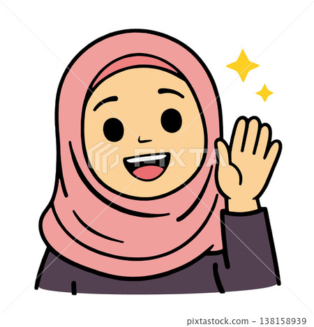 Smiling woman hijab cartoon, waving hand, friendly greeting, cheerful, happy expression 138158939