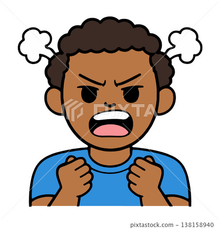 Angry boy cartoon, clenched fists, steam, frustration, blue shirt, emotional expression 138158940