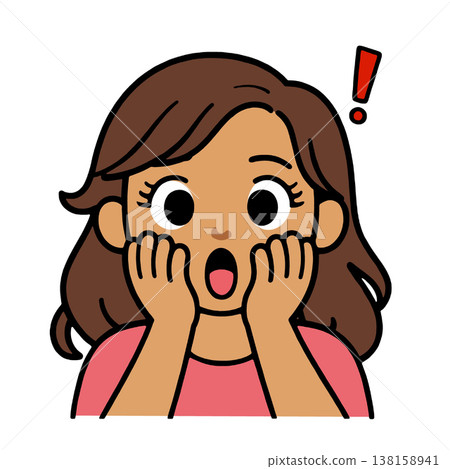 Surprised girl cartoon, brown hair, pink shirt, hands on cheeks, wide eyes, exclamation mark 138158941