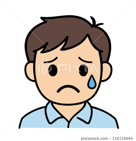 Sad boy cartoon tear unhappy emotional blue shirt brown hair white background 138158944