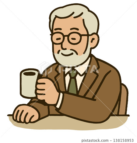 Elderly man gray hair glasses suit sitting drinking coffee relaxed smiling 138158953