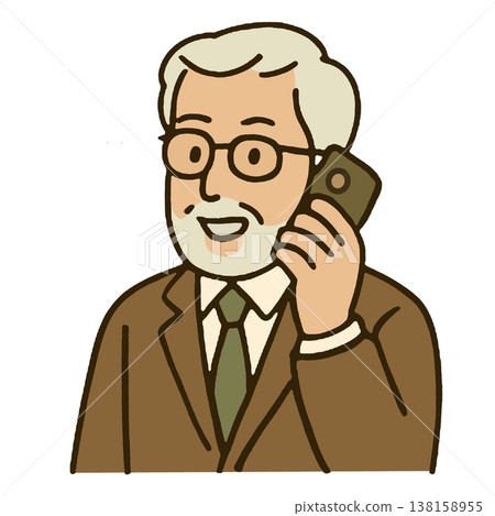 Elderly man gray hair glasses suit smiling talking on phone business communication Elderly man gray hair glasses suit smiling talking on phone business communication 138158955