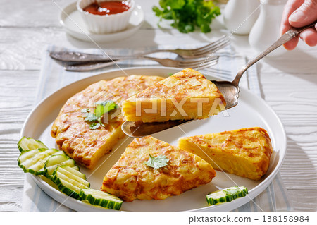spanish potato omelette, tortilla on a spatula spanish potato omelette, tortilla on a spatula 138158984