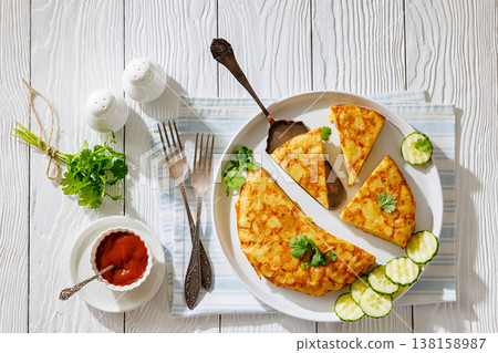 spanish potato omelette, tortilla on a plate spanish potato omelette, tortilla on a plate 138158987
