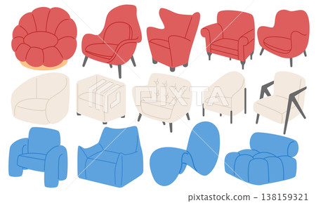 Modern Armchairs Collection Flat Illustration Set Modern Armchairs Collection Flat Illustration Set 138159321