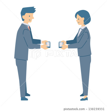 一幅描繪男女交換名片的插圖。 138159331