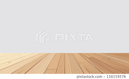 Simple wooden plank floor foreground with blank wall subtle light and shadow calm minimal scene suitable for product 138159576