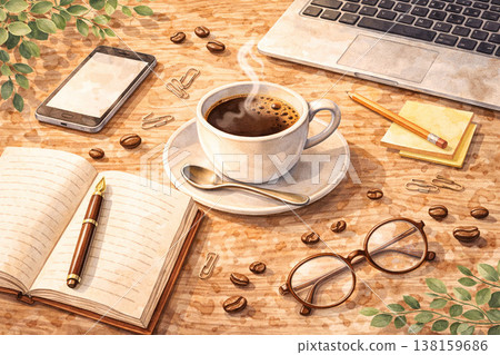 咖啡系列：工作場景的俯視圖，筆記本與咖啡 138159686