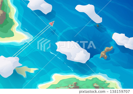 Aerial ship flying through tropical islands Aerial ship flying through tropical islands 138159707