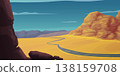 A rocky desert landscape with winding road 138159708