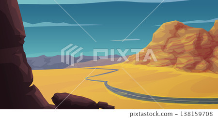 A rocky desert landscape with winding road 138159708