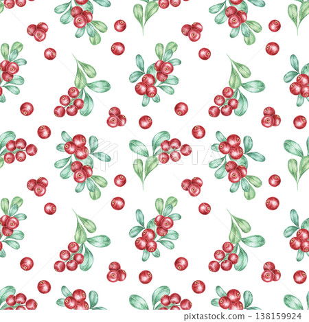 Small cranberries and leafy branches in red and green colors as watercolor illustration, hand drawn seamless pattern. Perfect for scrapbook paper, stationery, fabric prints, packaging, surface design 138159924