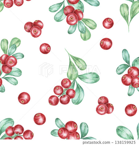 Scattered cranberries and green leaves in bright red, soft green colors as watercolor illustration, hand drawn seamless pattern. Suitable for fabric design, stationery, packaging and surface patterns Scattered cranberries and green leaves in bright red, soft green colors as watercolor illustration, hand drawn seamless pattern. Suitable for fabric design, stationery, packaging and surface patterns 138159925