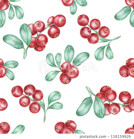 Large cranberries with green leaves in rich red and soft green colors as watercolor illustration, hand drawn seamless pattern. Perfect for posters, packaging, fabric prints, stationery and surface 138159926