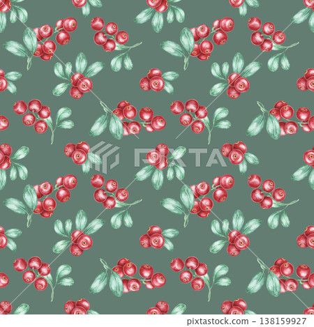 Cranberries and leafy stems on muted teal green background in red and green colors as watercolor illustration, hand drawn seamless pattern. Ideal for fabric prints, packaging, wallpaper Cranberries and leafy stems on muted teal green background in red and green colors as watercolor illustration, hand drawn seamless pattern. Ideal for fabric prints, packaging, wallpaper 138159927