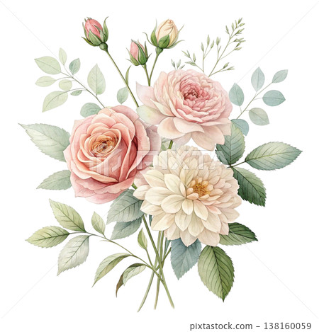 Watercolor floral bouquet in pink and cream tones Background 138160059