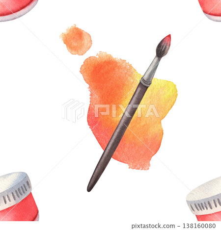 Seamless pattern with brush, orange splashes, red paint jars. Hand-painted illustration isolated on white. Artistic, vibrant design perfect for stationery, packaging, textiles, art branding, education 138160080