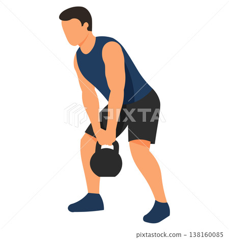 Illustrations of kettlebell weight training exercises for men; standard fitness postures and strength training instructional materials. Illustrations of kettlebell weight training exercises for men; standard fitness postures and strength training instructional materials. 138160085