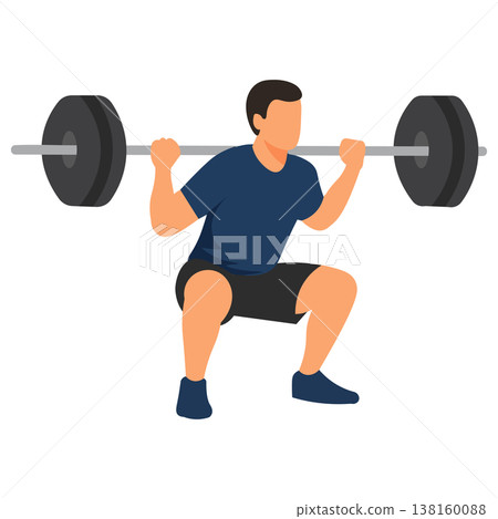 Demonstration of male barbell press exercise; illustrations of shoulder strength training and standard posture. 138160088