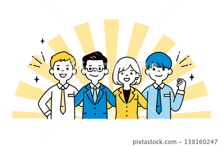 Simple upper body vector illustration of a team of president, employees, and staff with their arms around each other's shoulders, showing unity. Simple upper body vector illustration of a team of president, employees, and staff with their arms around each other's shoulders, showing unity. 138160247