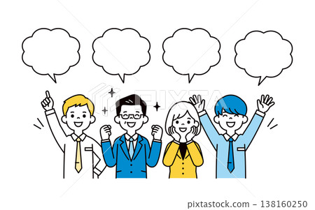 一組向量插圖，描繪了慶祝成功和成就的商人和上班族的對話氣泡和上半身。 138160250