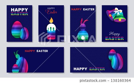 Easter set card of eggs, bunny, bells, candle. Paper cut colorful striped. Happy Easter holiday invitations templates collection, hand drawn banners art. Vector fashion illustration background, copy Easter set card of eggs, bunny, bells, candle. Paper cut colorful striped. Happy Easter holiday invitations templates collection, hand drawn banners art. Vector fashion illustration background, copy 138160364