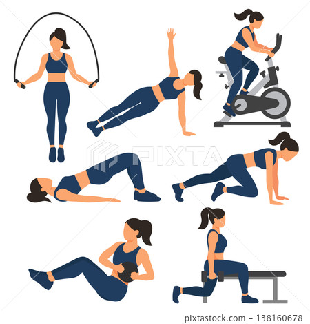 女性運動與燃脂訓練圖庫 健身房器材與標準姿勢插畫包 138160678