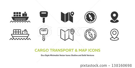 A set of logistics and navigation icons including cargo ships, car keys, and maps. Includes line art and colored elements. 138160698