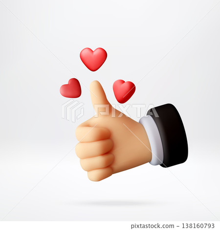 3d hand showing thumb up gesture with red hearts 138160793