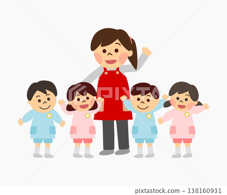 A female nursery school teacher and children wearing smocks. 138160931
