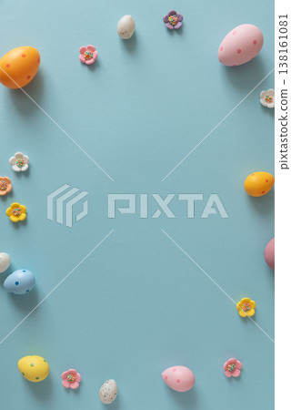 Colorful Easter Eggs and Sugar Flowers. Festive Spring Background 138161081