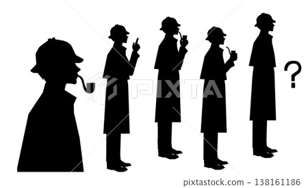 一個偵探剪影，讓人聯想起夏洛克·福爾摩斯，他微微抬起頭，面向右側。 138161186