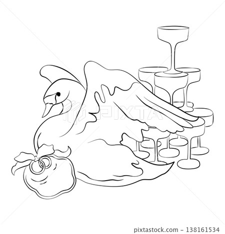 Hand-drawn wedding decor elements such as champagne tower and swan, wedding rings, ready to use composition for cards, invitation 138161534