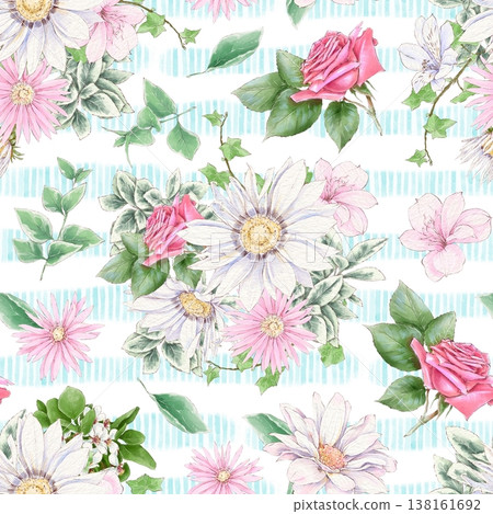 Watercolor illustration of a seamless pattern of delicate flowers and leaves, roses, and daisies. Hand-drawn. 138161692