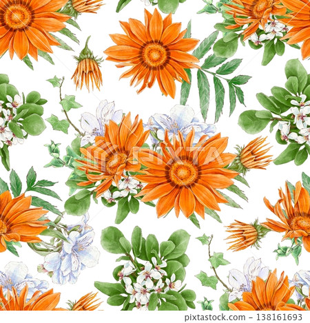 Watercolor illustration of a seamless pattern of delicate flowers and leaves, roses, and daisies. Hand-drawn. 138161693