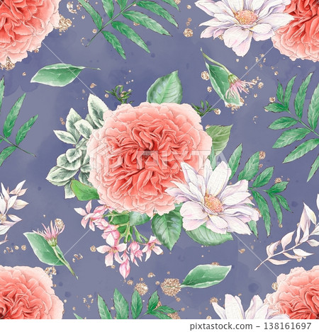 Watercolor illustration of a seamless pattern of delicate flowers and leaves, roses, and daisies. Hand-drawn. Watercolor illustration of a seamless pattern of delicate flowers and leaves, roses, and daisies. Hand-drawn. 138161697