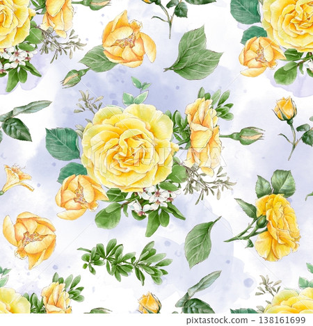 Watercolor illustration of a seamless pattern of delicate flowers and leaves, roses, and daisies. Hand-drawn. Watercolor illustration of a seamless pattern of delicate flowers and leaves, roses, and daisies. Hand-drawn. 138161699
