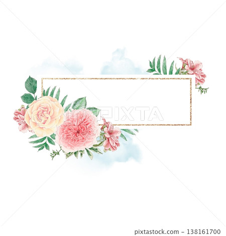Watercolor illustration frame postcard of delicate roses and other flowers, on a white background, hand-drawn. Watercolor illustration frame postcard of delicate roses and other flowers, on a white background, hand-drawn. 138161700