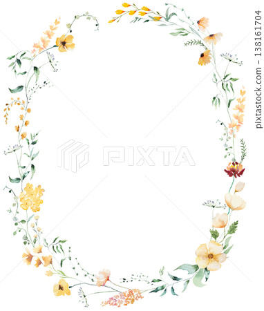 Oval floral wreath with yellow watercolor wildflowers and leaves, hand drawn wedding illustration Oval floral wreath with yellow watercolor wildflowers and leaves, hand drawn wedding illustration 138161704