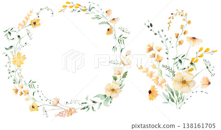 Floral wreath and bouquet with yellow watercolor wildflowers and leaves, wedding illustration clipart Floral wreath and bouquet with yellow watercolor wildflowers and leaves, wedding illustration clipart 138161705