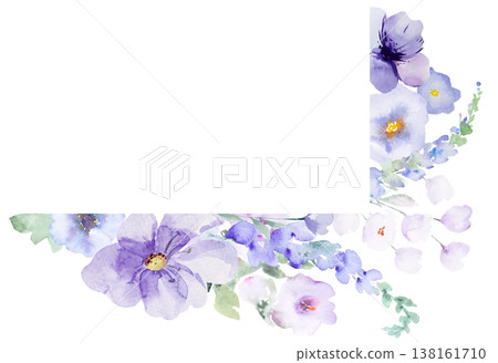Corner frame with watercolor light purple flowers, botanical border isolated wedding illustration 138161710