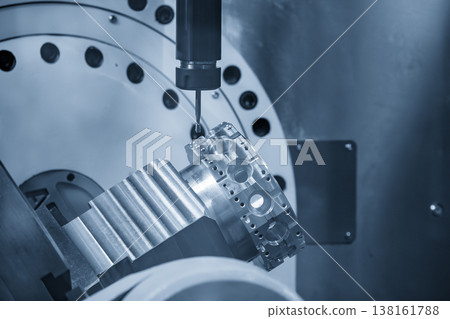Advanced 5-axis CNC milling machine using a flat nose end mill to cut precision aluminum parts. Advanced 5-axis CNC milling machine using a flat nose end mill to cut precision aluminum parts. 138161788