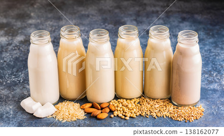 A bottles of alternative milk and ingredient A bottles of alternative milk and ingredient 138162077