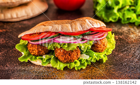 Falafel and fresh vegetables in pita bread. Falafel and fresh vegetables in pita bread. 138162142