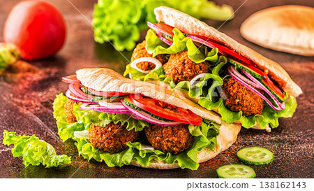 Falafel and fresh vegetables in pita bread. Falafel and fresh vegetables in pita bread. 138162143