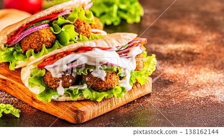 Falafel and fresh vegetables in pita bread. Falafel and fresh vegetables in pita bread. 138162144